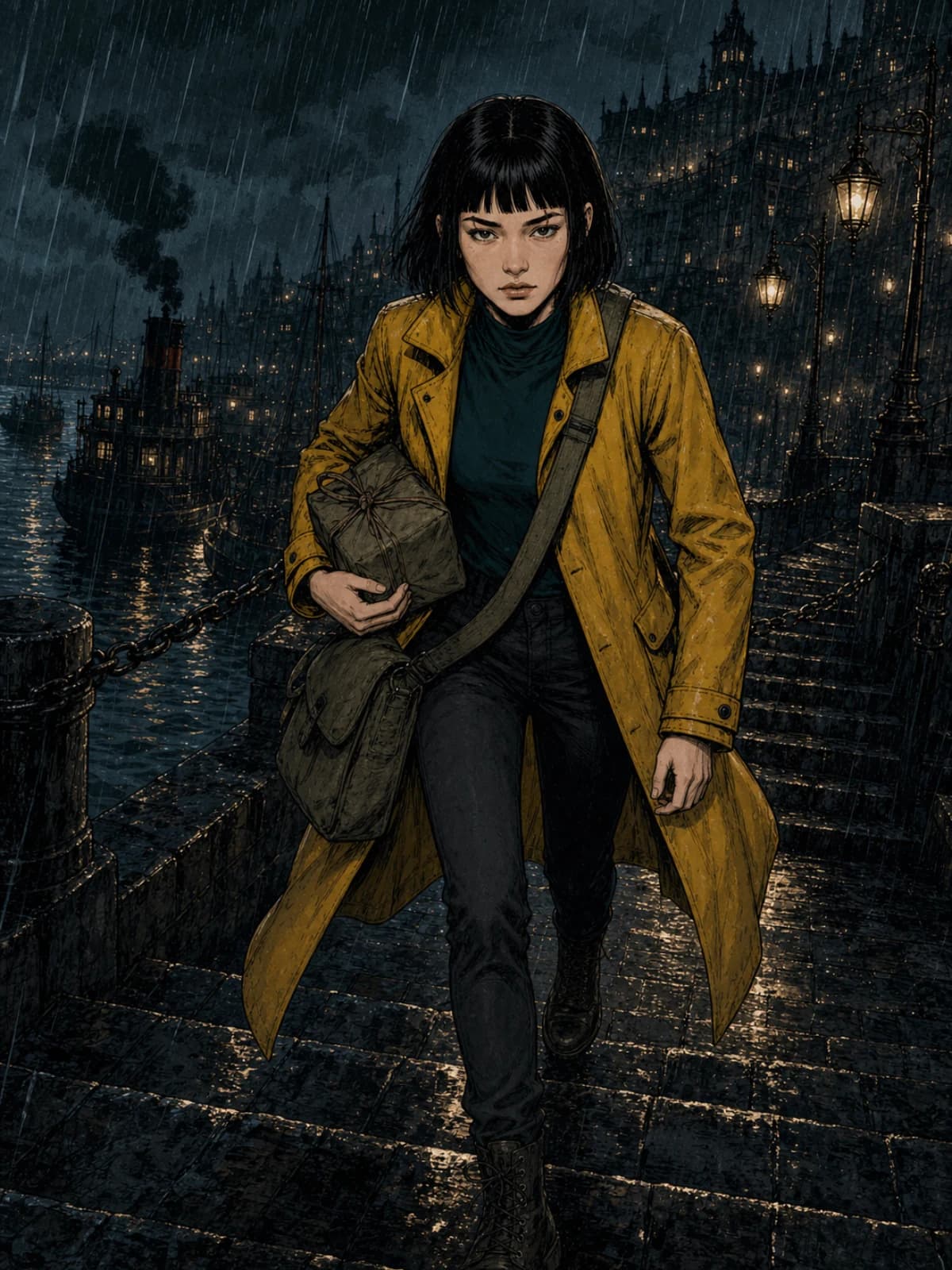 Mira Vane in panel 1, consistent: same bob, scar, mustard oilskin coat and dark teal top