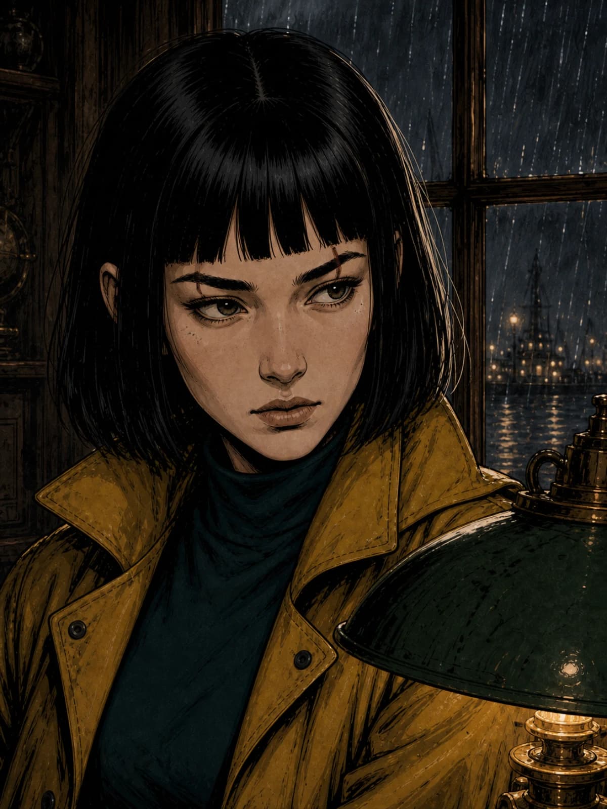 Mira Vane in panel 5, consistent: same bob, scar, mustard oilskin coat and dark teal top