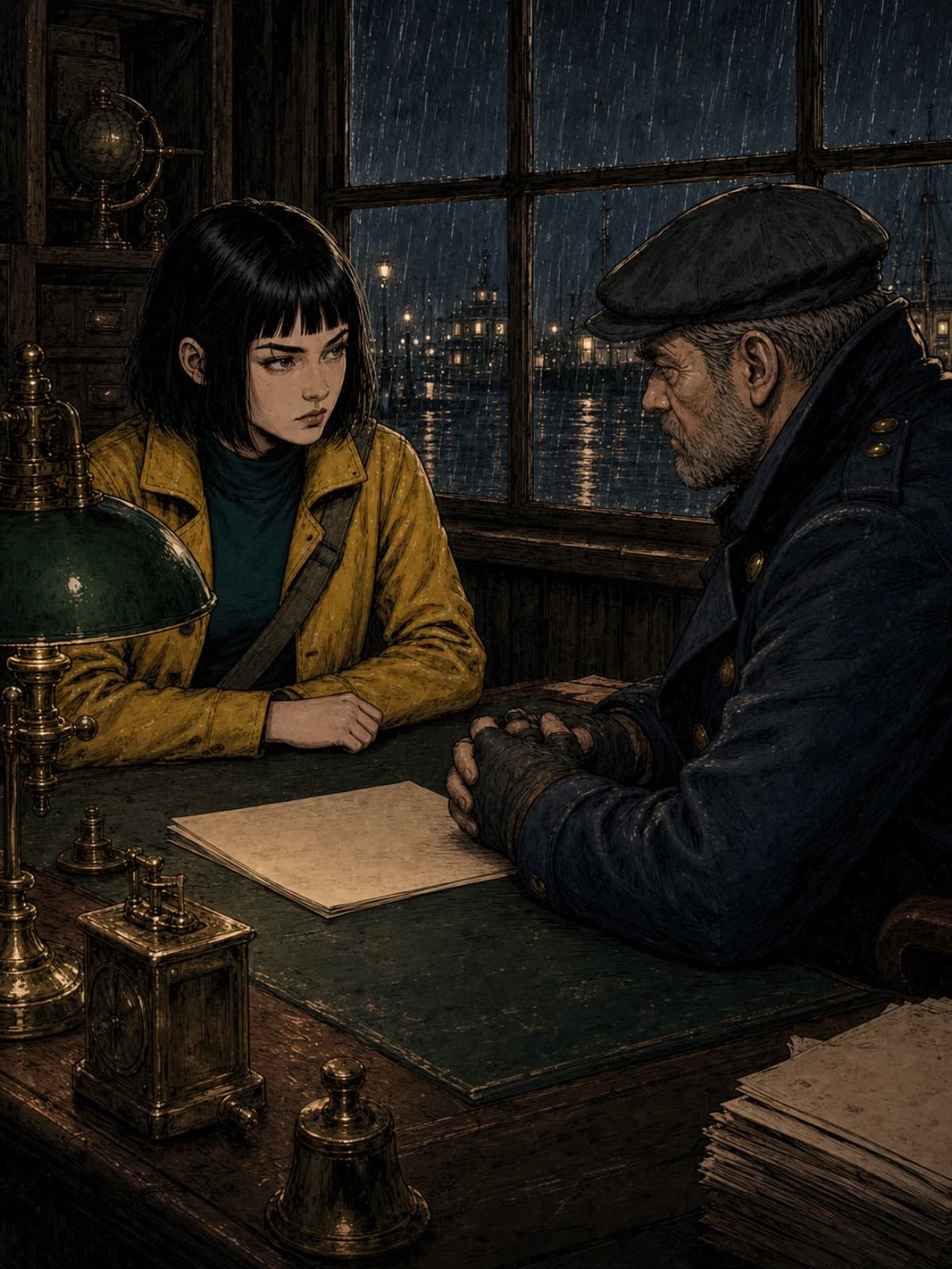 Mira Vane in panel 9, consistent: same bob, scar, mustard oilskin coat and dark teal top