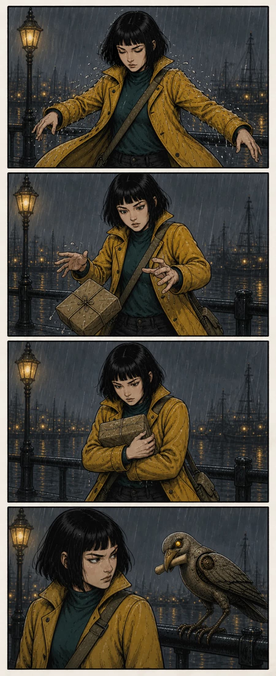 The same characters as a four-panel strip: Mira shakes off rain, drops the parcel, catches it, then glares at a mechanical seagull
