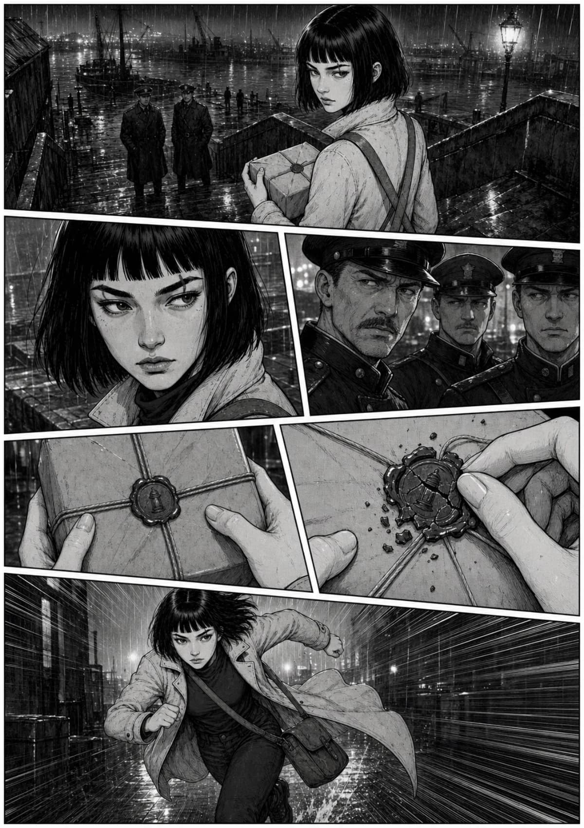 The same scene as a black-and-white manga page: five irregular panels read right to left, screentone greys and speed lines
