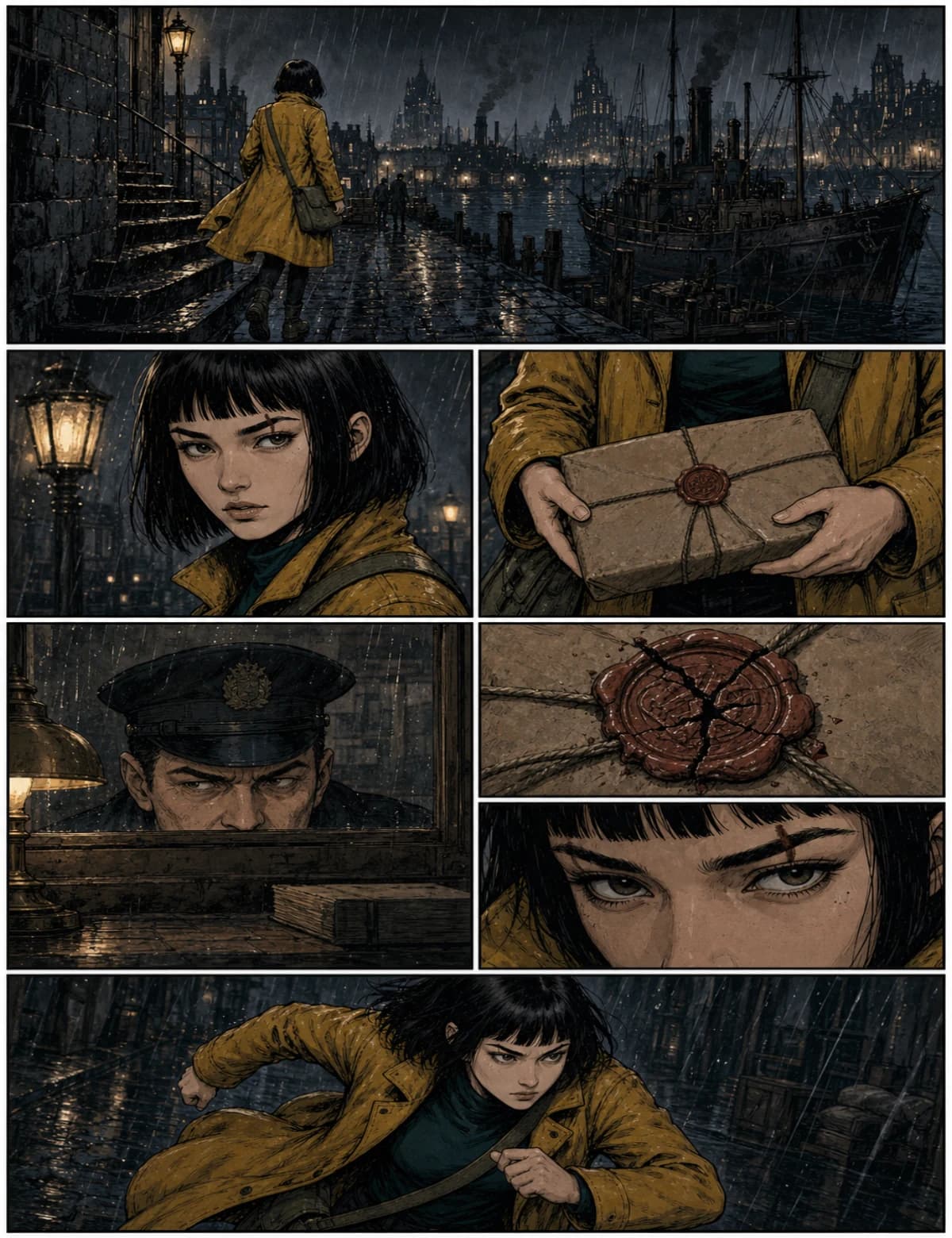 The Lantern Courier as a US comic page: six panels in a classic grid with black borders and white gutters