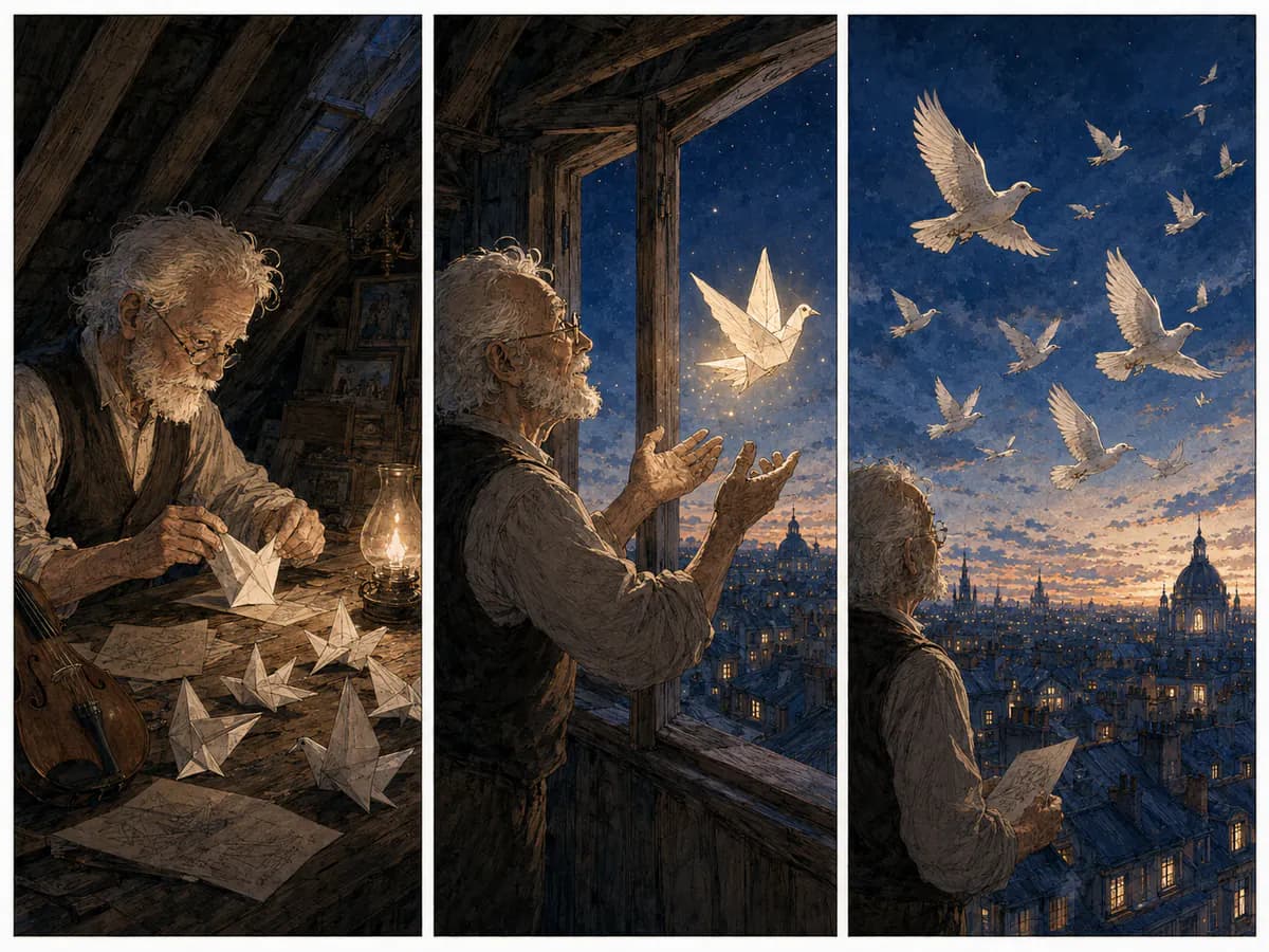 Paper birds become real over a city