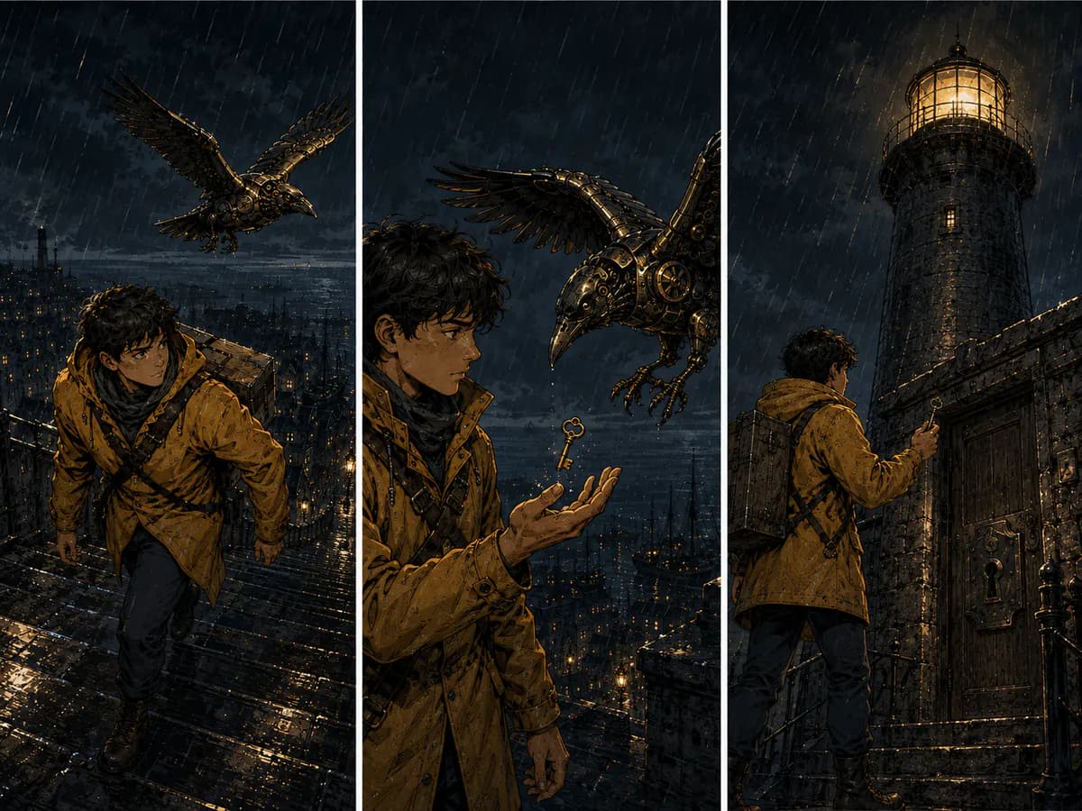 A courier and mechanical raven above a rain-soaked harbour