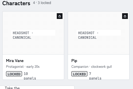 Project cast: Mira Vane and Pip as character cards with canonical headshot views and LOCKED badges