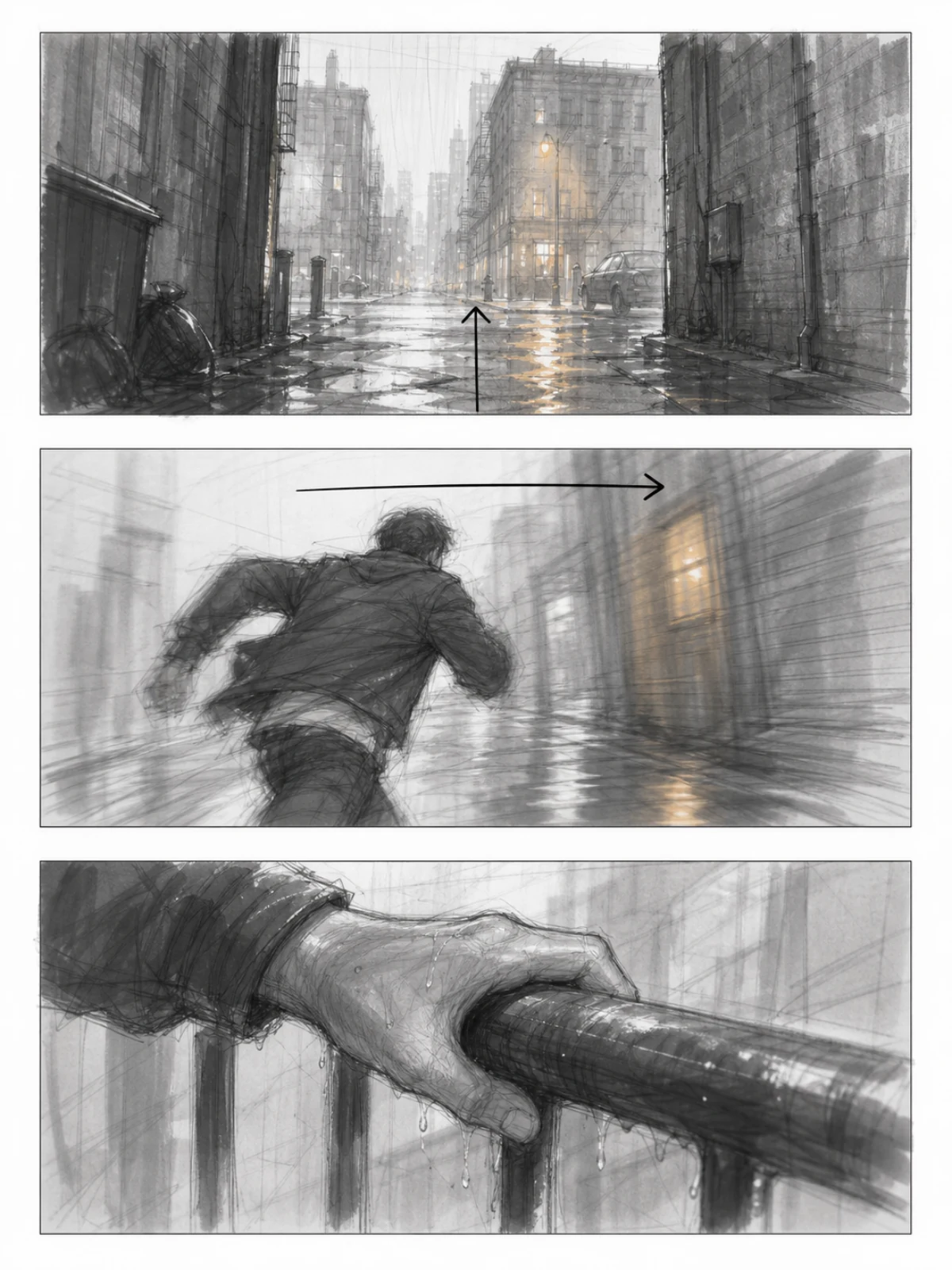 A noir close reaction panel with dry-brush texture