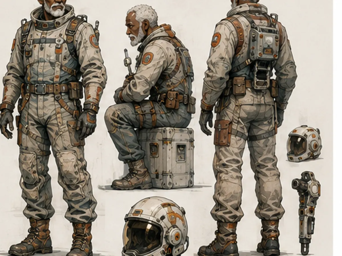 Older original space engineer shown in working poses