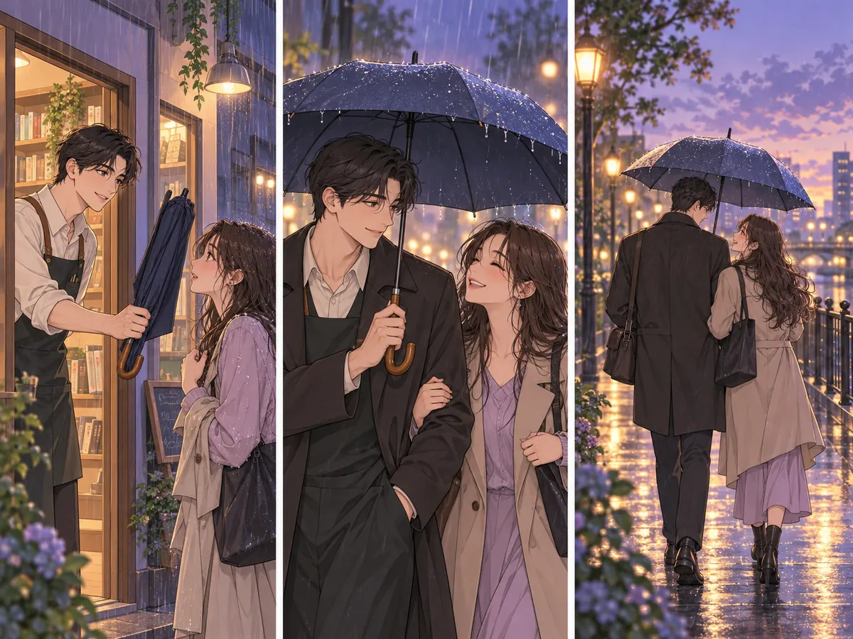 A bookseller offers a customer an umbrella outside a rainy shop