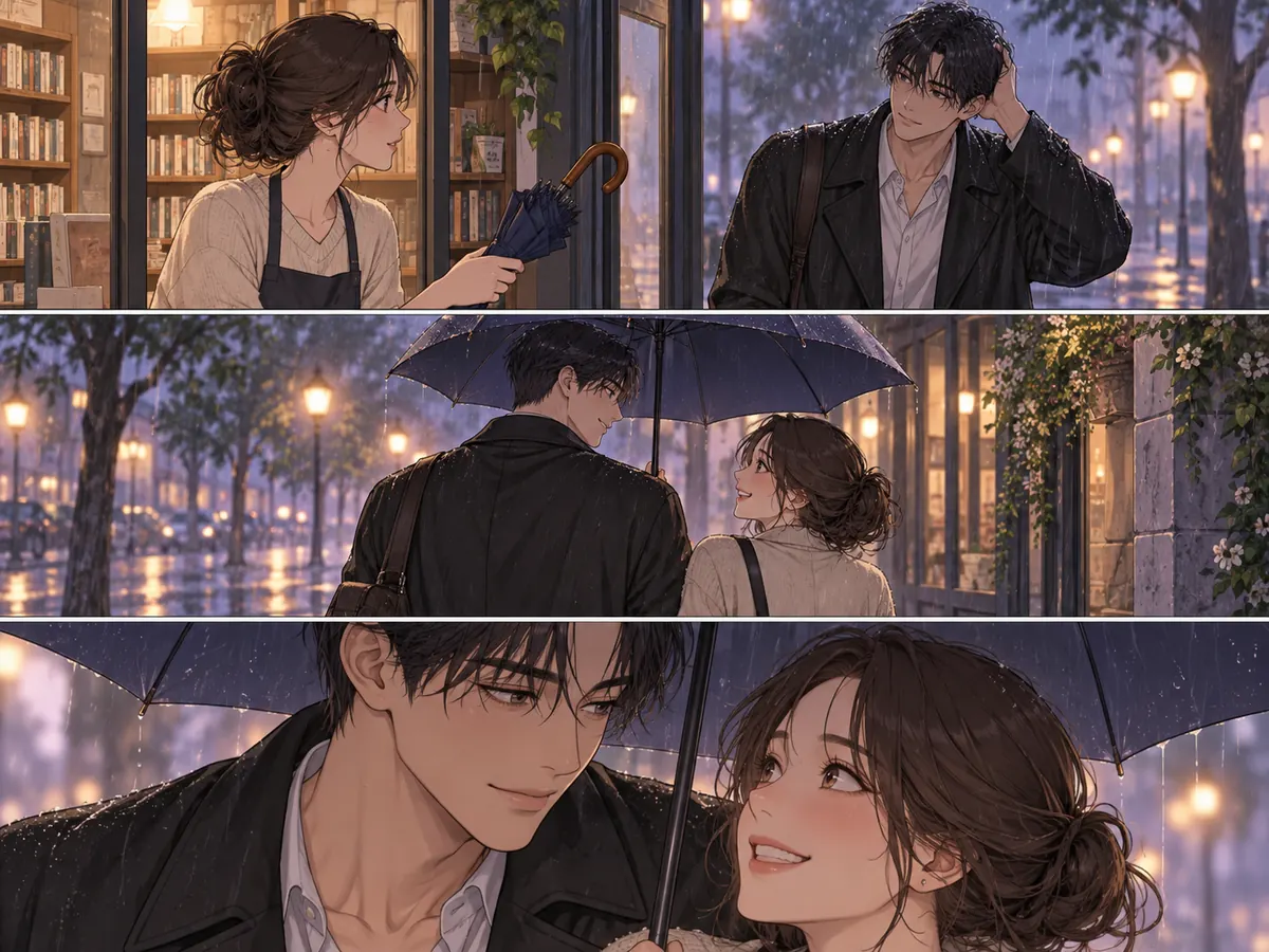 Original colour manhwa sequence: a rainy bookshop encounter