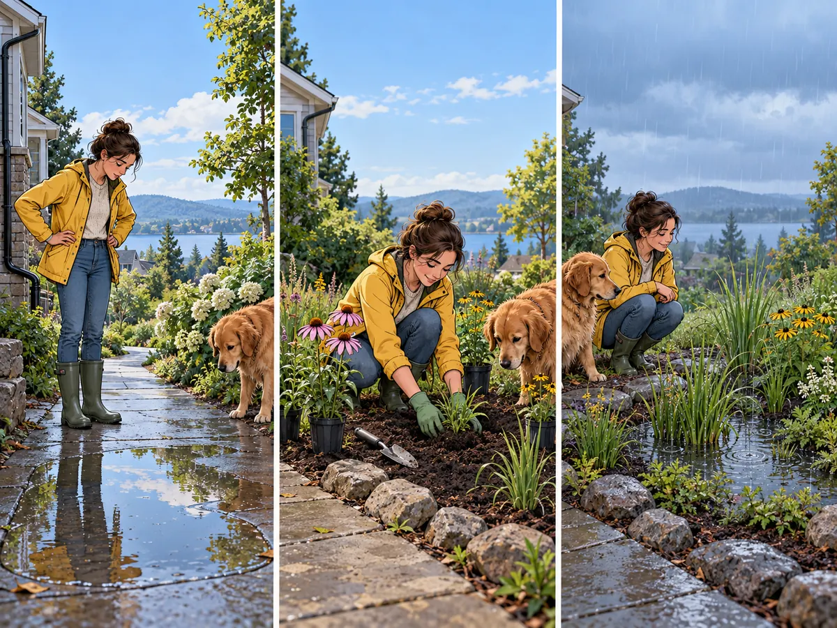 A resident notices water pooling on a paved path, helps plant a shallow rain garden beside it, and observes rainwater gathering among the plants.
