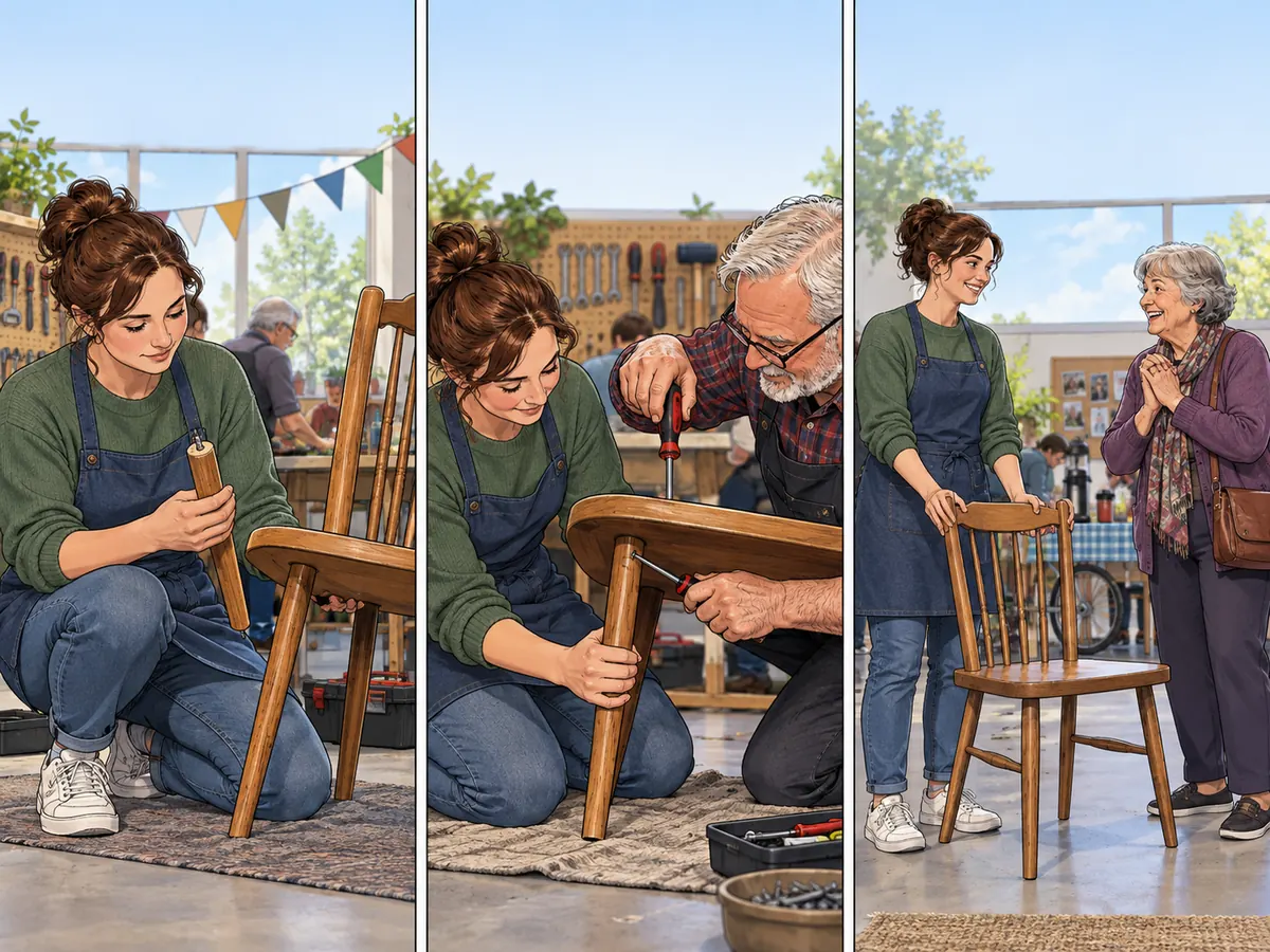 A volunteer finds a loose chair leg at a repair cafe, steadies it while a helper tightens a screw, and returns the usable chair to its owner.