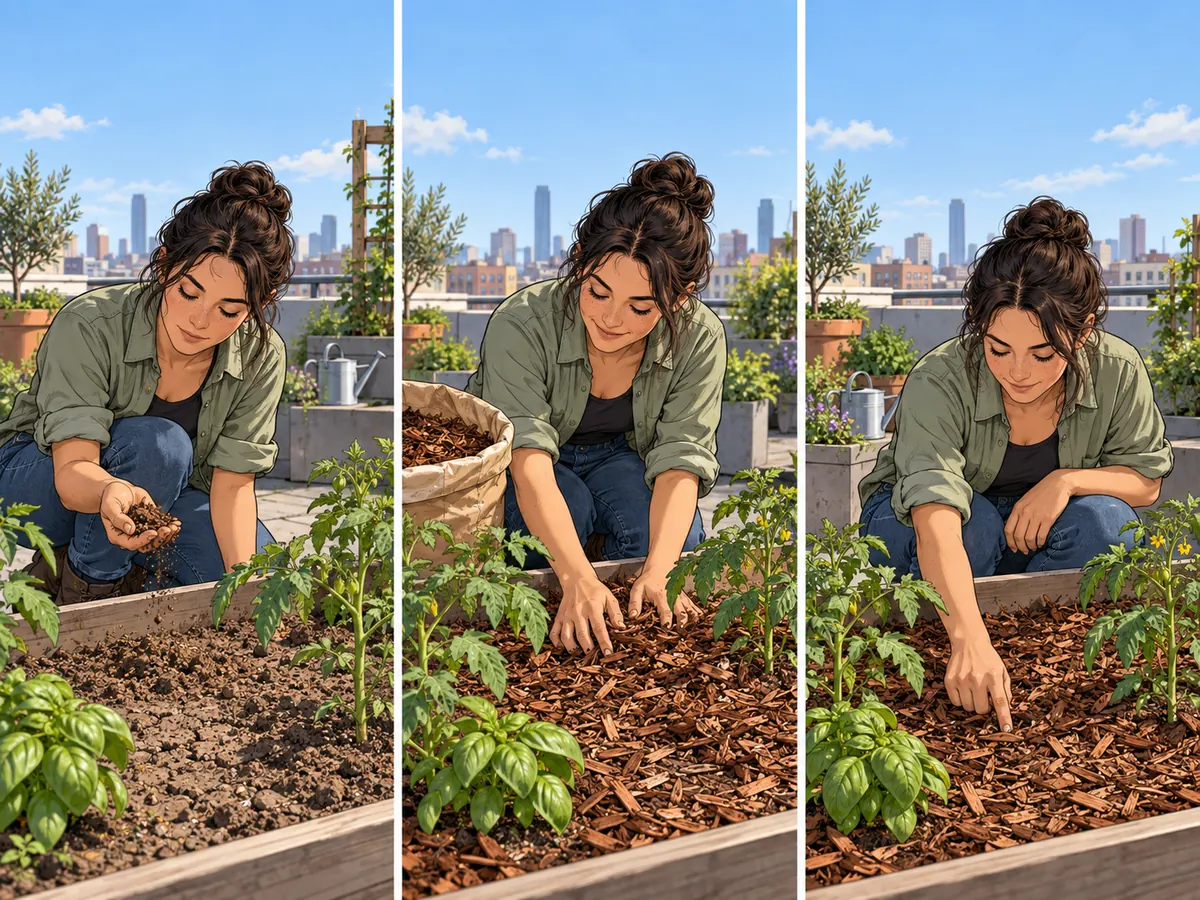 A rooftop grower checks a dry soil bed, spreads mulch around the plants, and returns to gently check the covered soil with a fingertip.