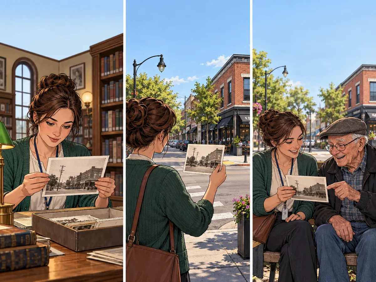 A librarian finds an old neighborhood photo, compares it with the same street corner today, and shares the rediscovered image with a resident.
