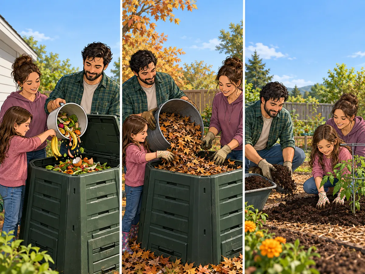 A family adds kitchen scraps to a compost bin, layers dry leaves on top, and later spreads finished compost around a garden plant.