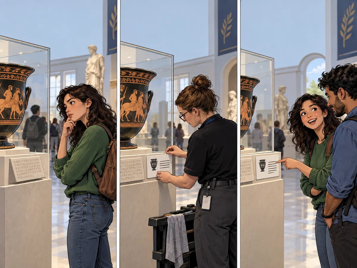 A visitor finds a museum exhibit difficult to read, watches a curator add a plain-language summary beside it, and shares the newly understood object with a friend.
