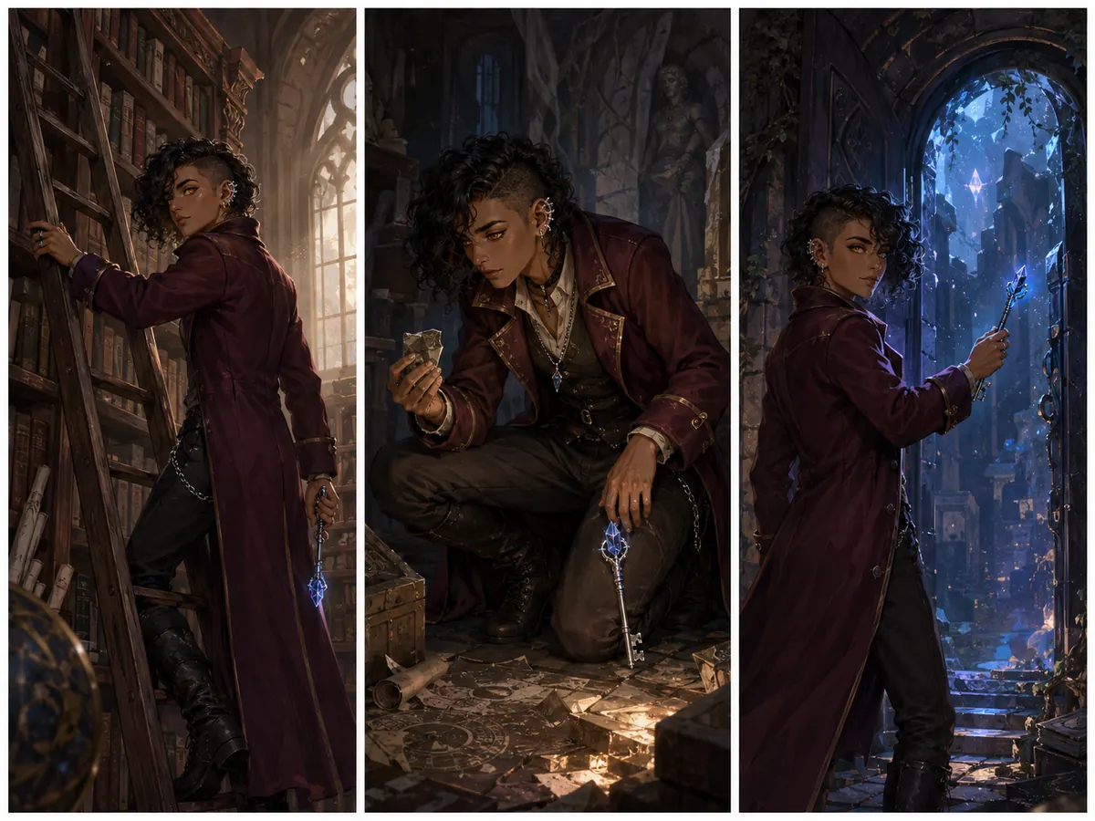 Three panels of the same burgundy-coated fantasy archivist
