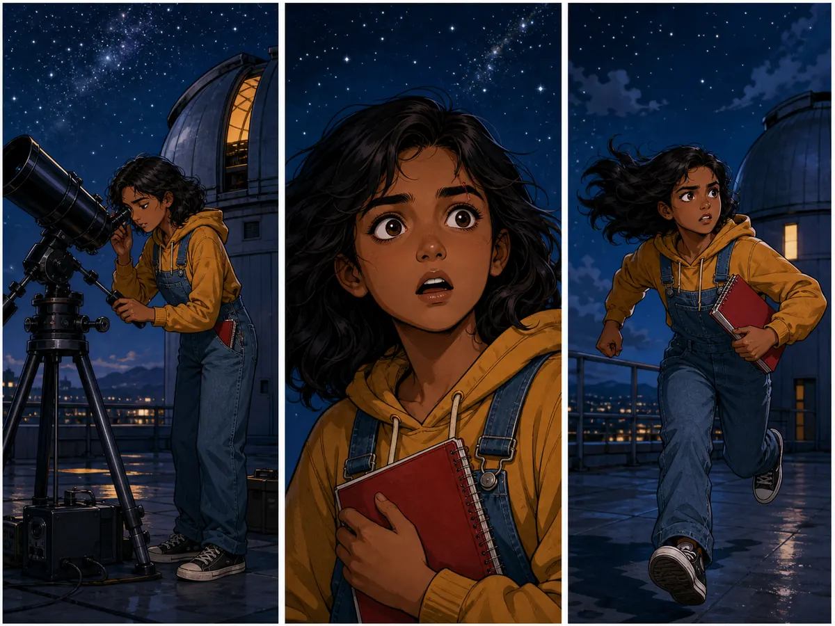 Three panels of the same teen astronomer in a mustard hoodie