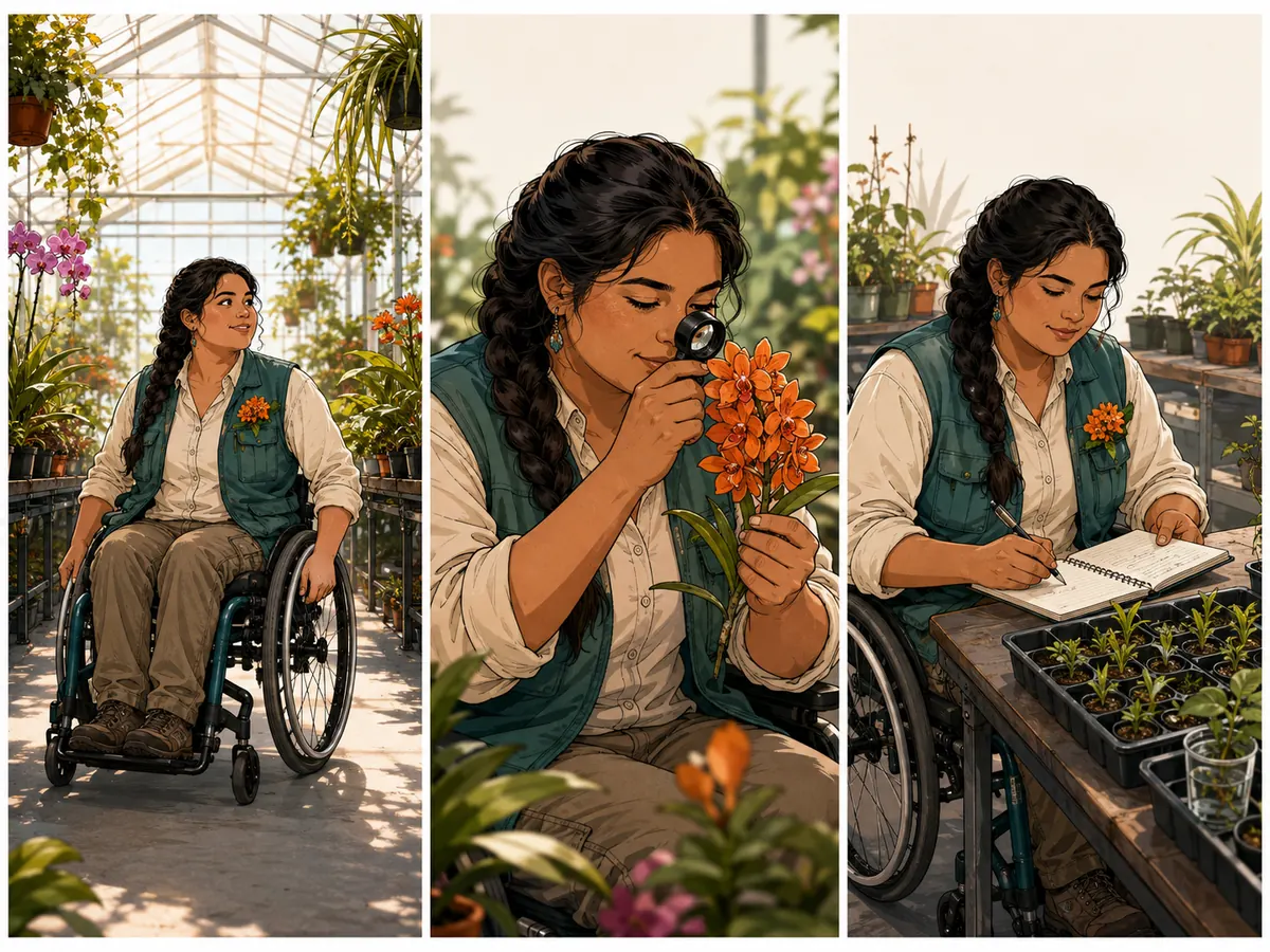 Three panels of the same wheelchair-using botanist inspecting flowers