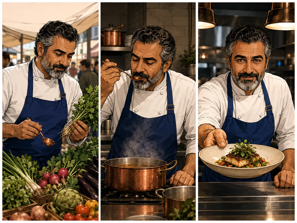 Three panels of the same bearded chef preparing a dish