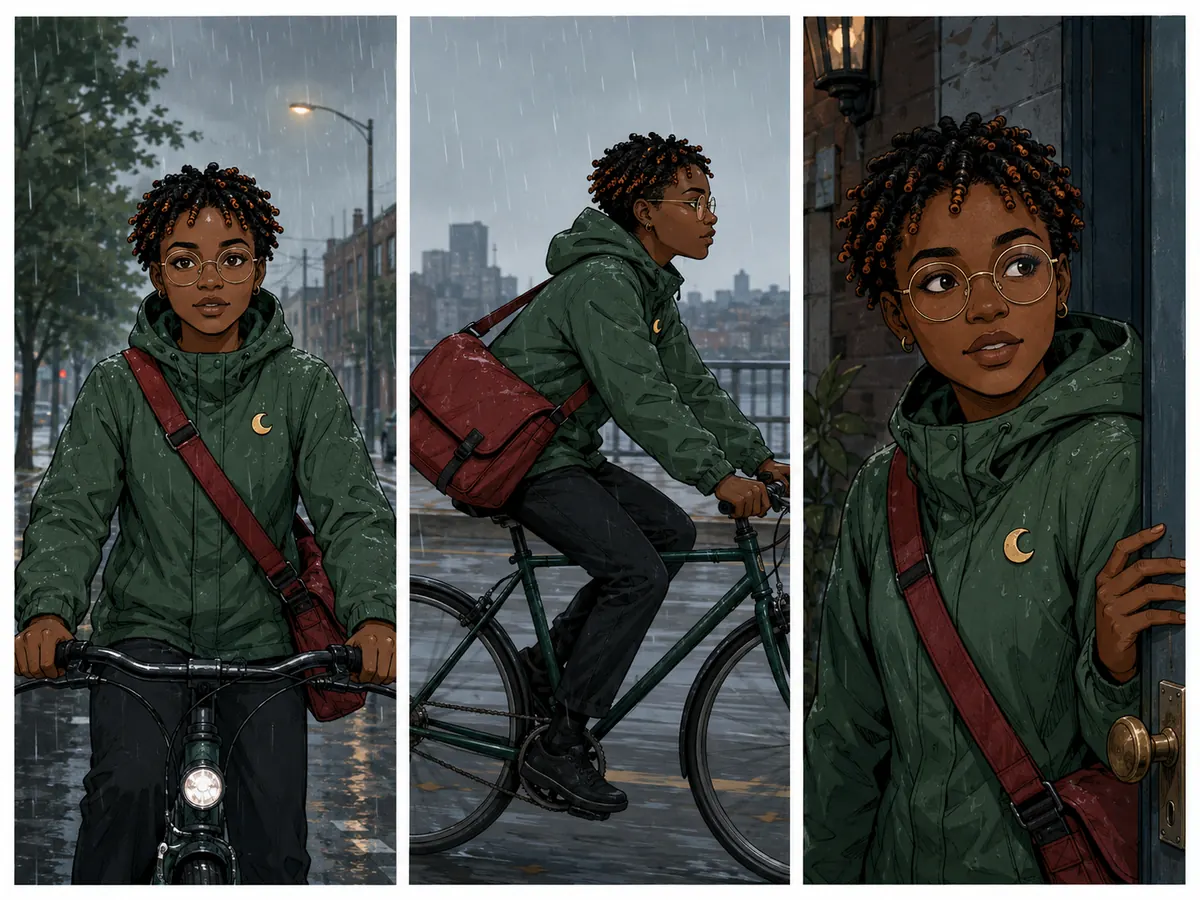 Three panels of the same bicycle courier in a green rain jacket