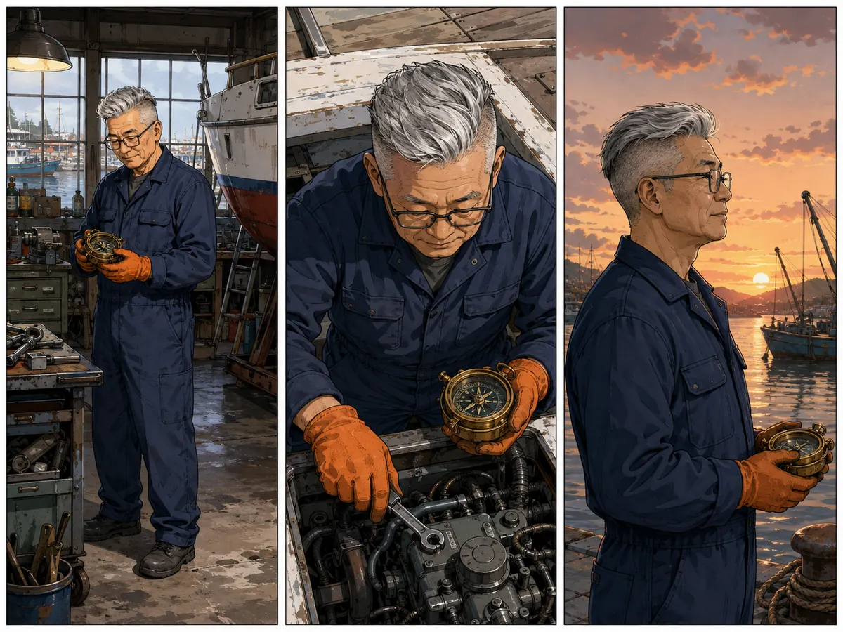Three panels of the same silver-haired harbour mechanic