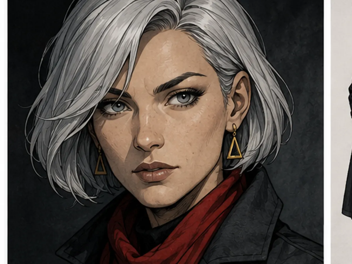Close portrait of a silver-haired detective with a red scarf