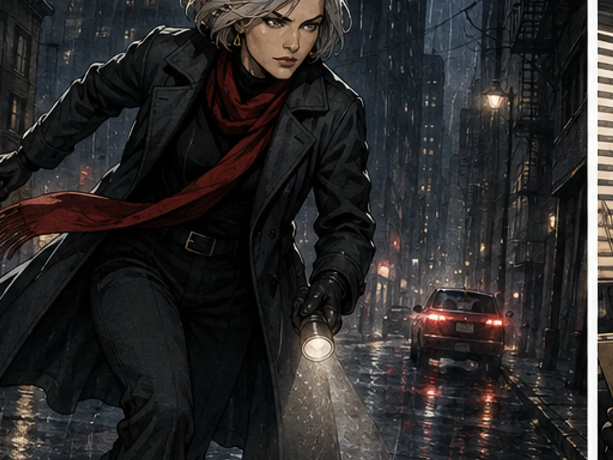 The same detective moving through a rainy street