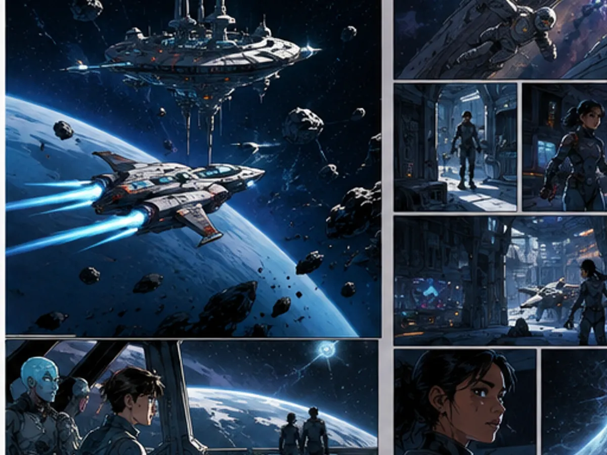 Multi-panel science-fiction comic book spread