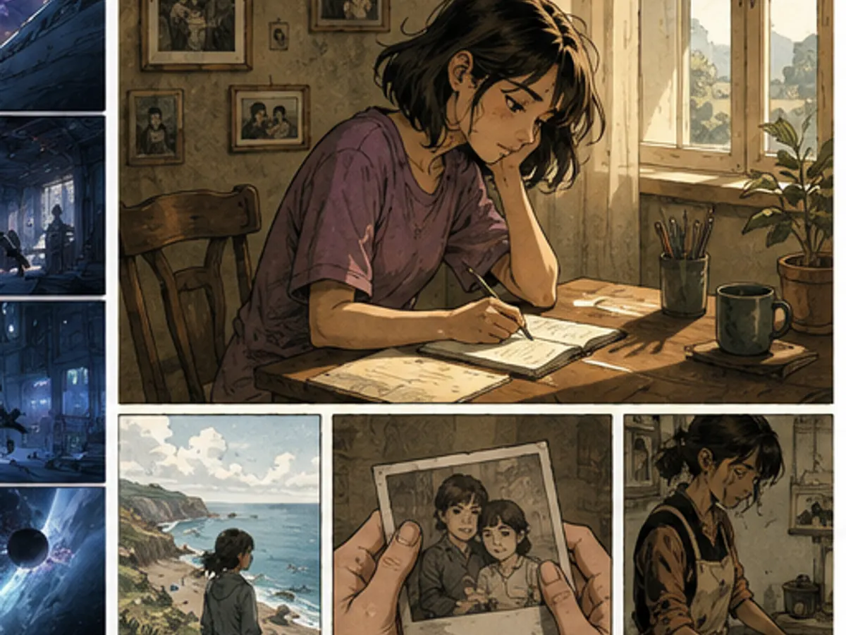 Reflective autobiographical comic scene at a desk