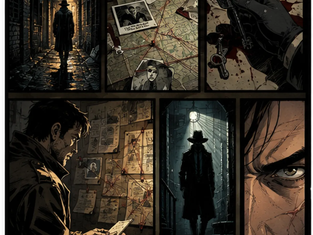Noir mystery comic page with clues