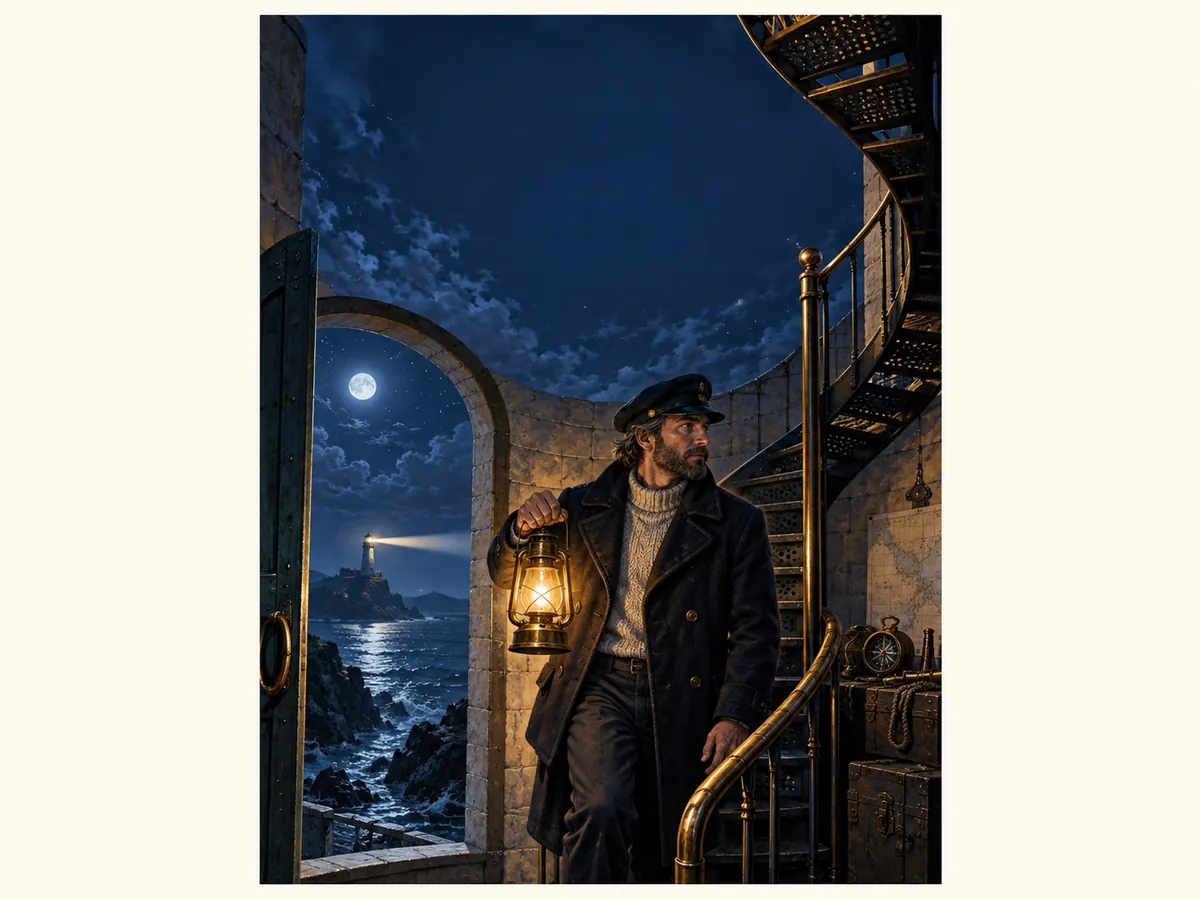 Lantern-bearing keeper under a staircase with title-safe sky