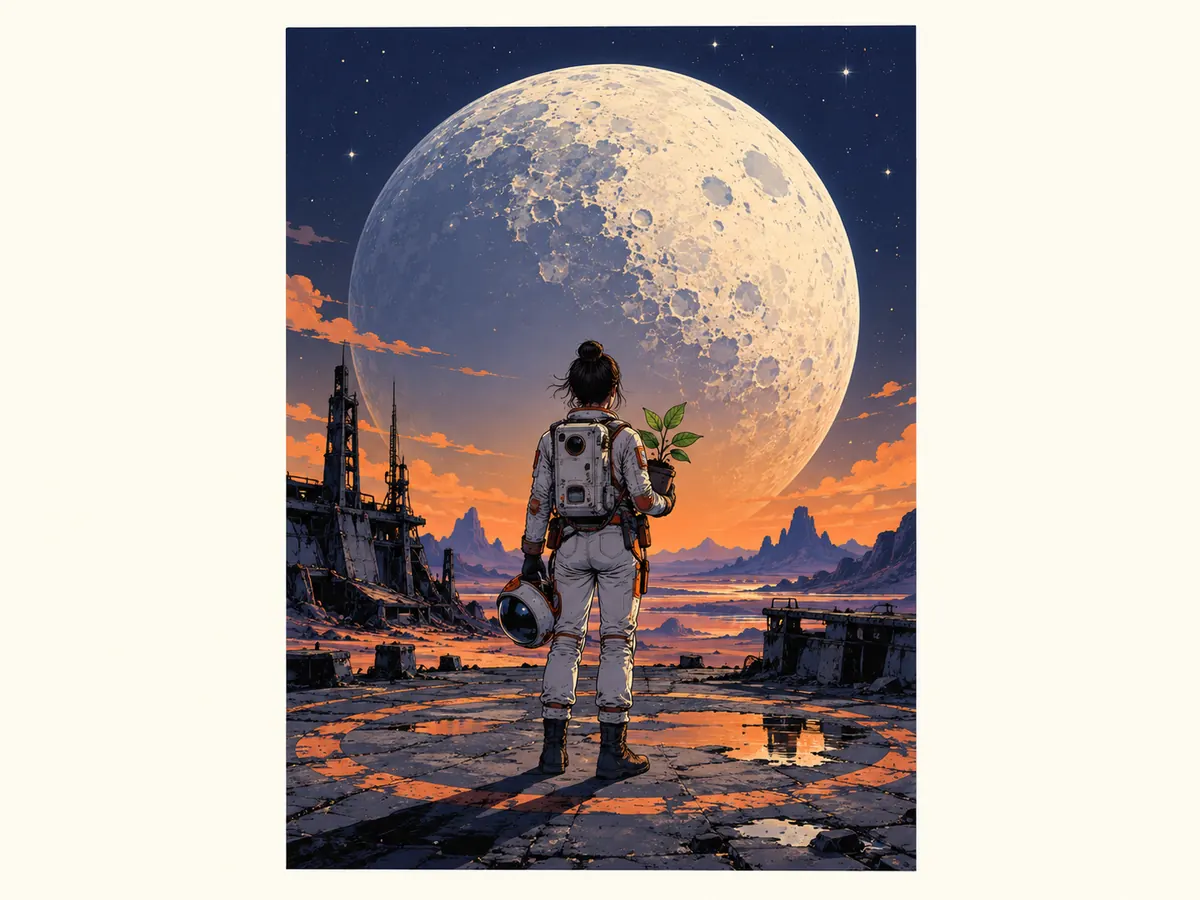 Astronaut with a plant beneath a pale moon