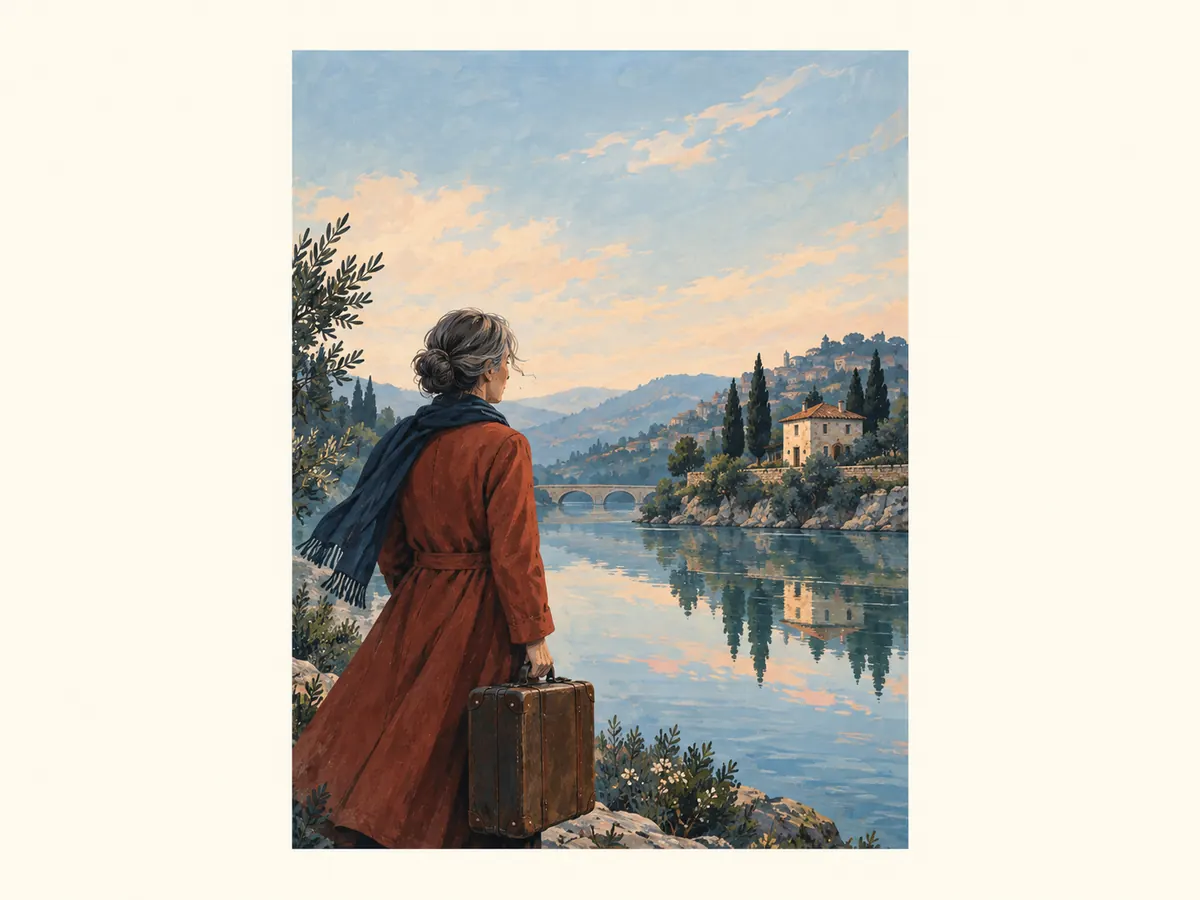 Woman with a suitcase beside a river and a distant home