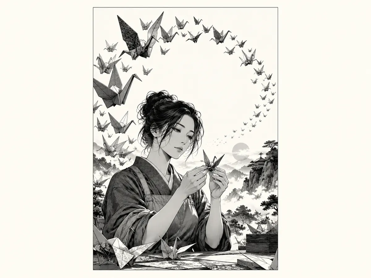 Black-and-white cover with a craftsperson and paper cranes