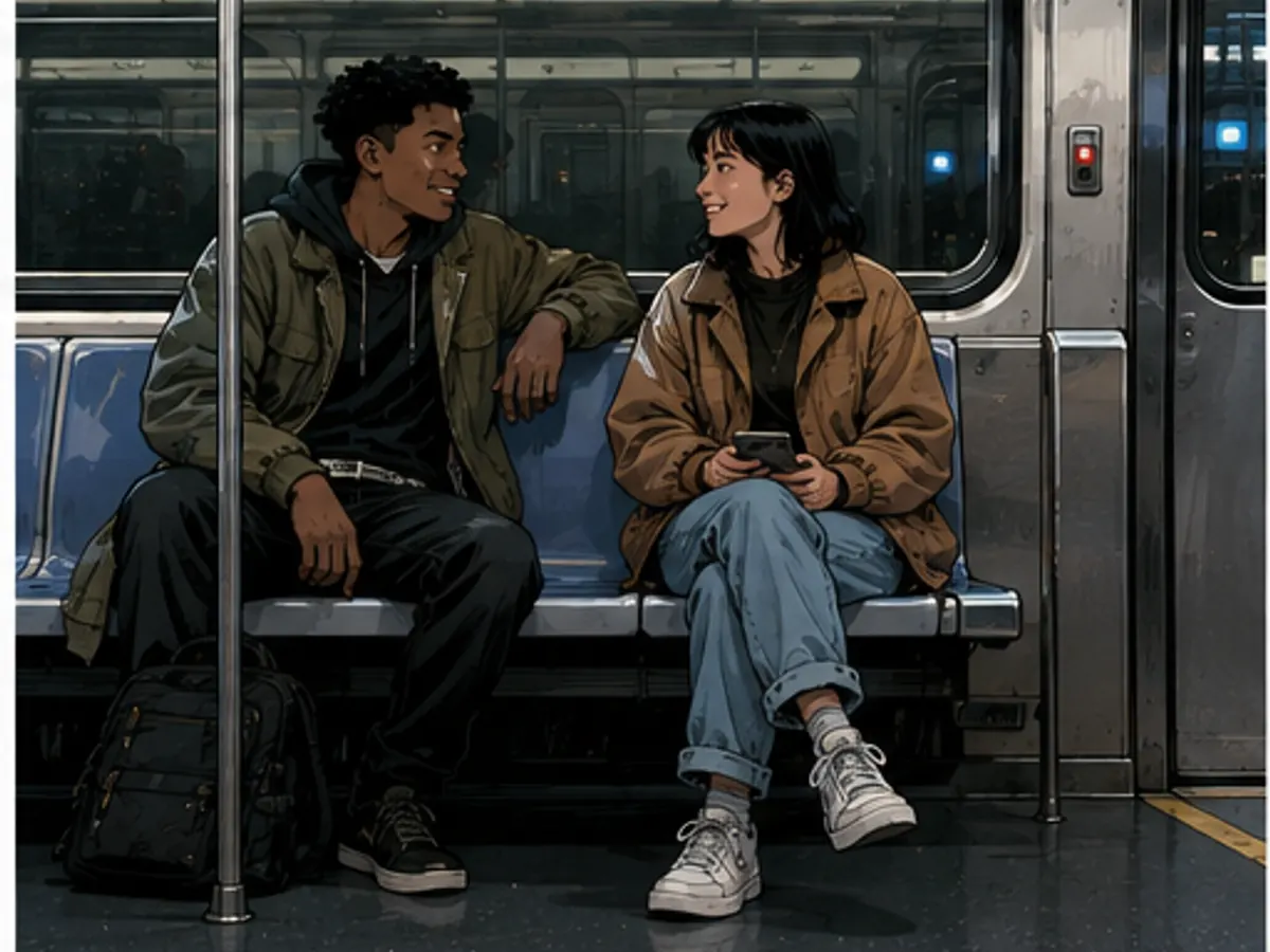 Two friends talking in a subway carriage with space for balloons