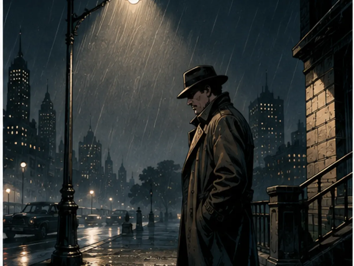 Detective under a streetlamp with open space for a caption