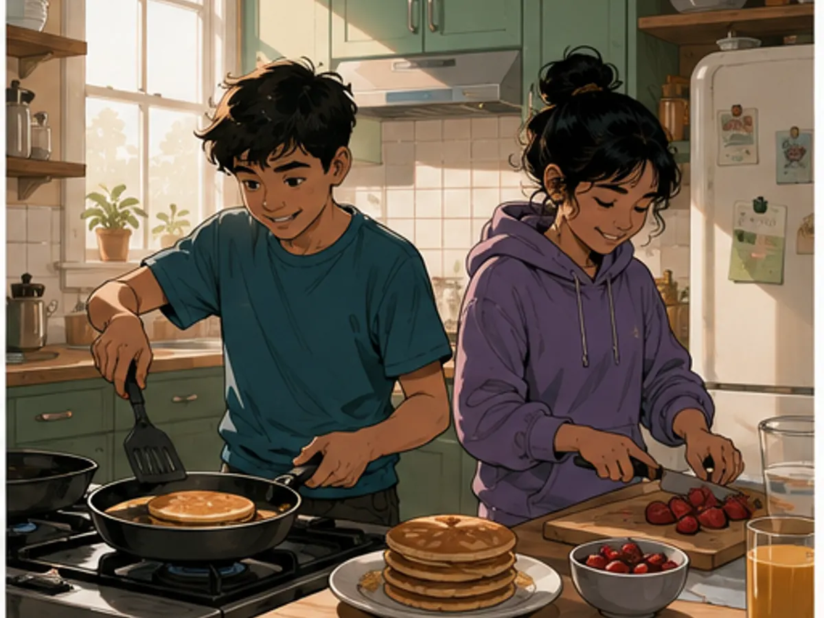 Siblings making breakfast with clear space for short dialogue