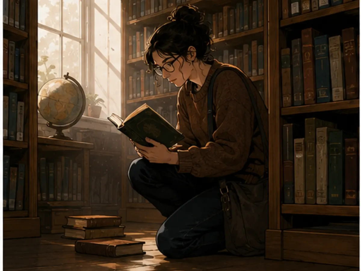 Reader discovering a book in a quiet library