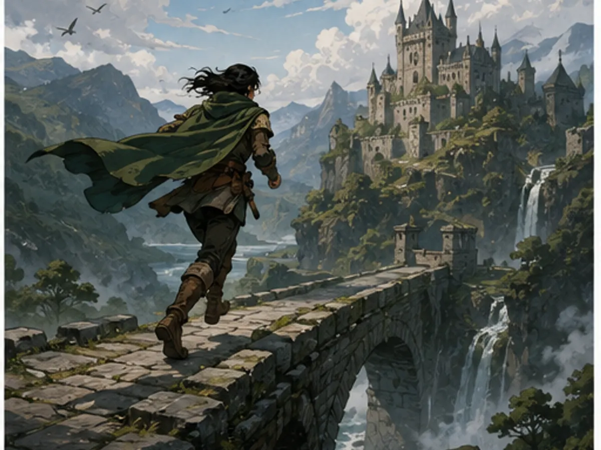 Fantasy runner crossing a bridge toward a castle