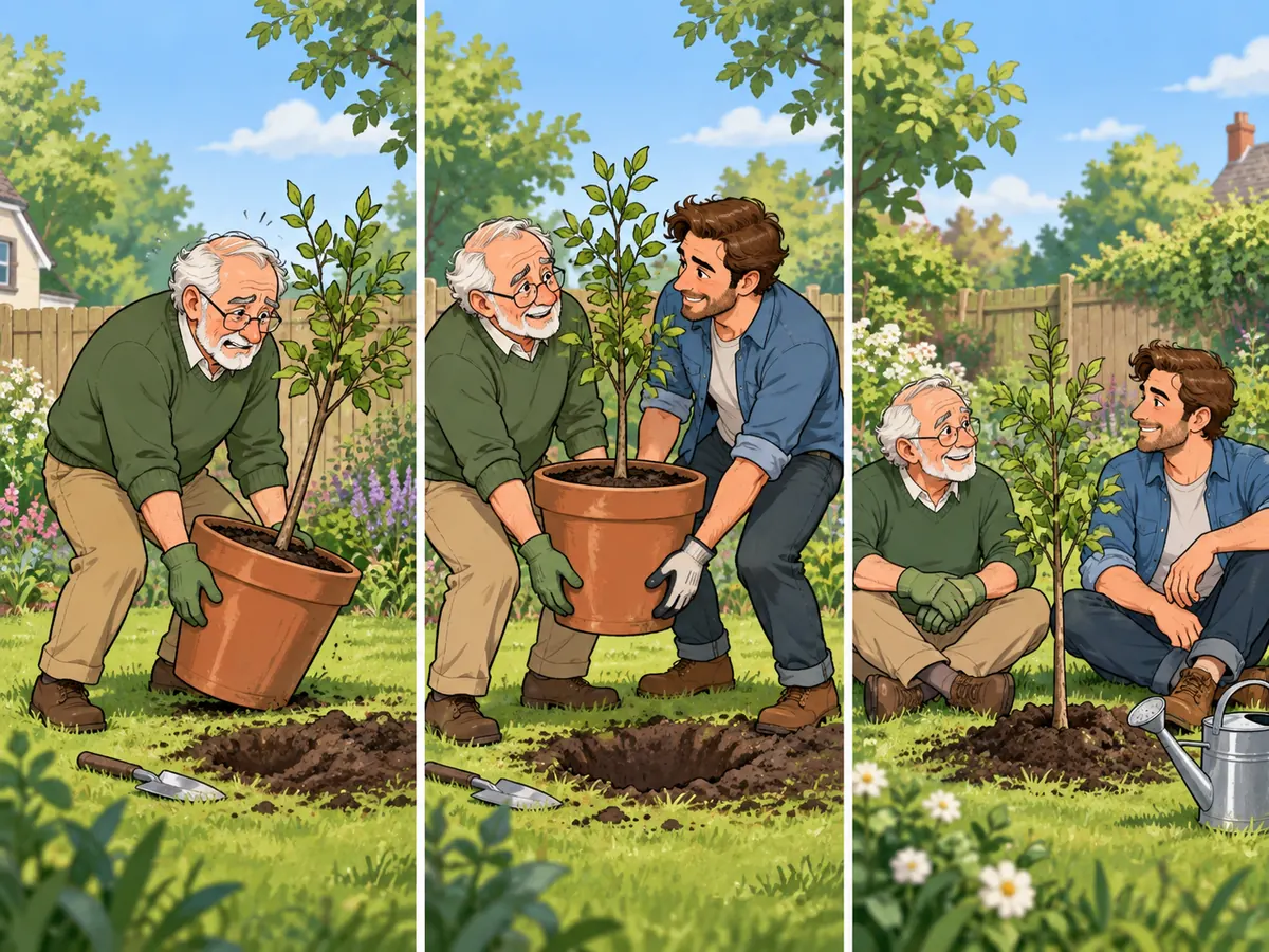 Nachbarn heben einen Topf und ruhen neben einem jungen Baum