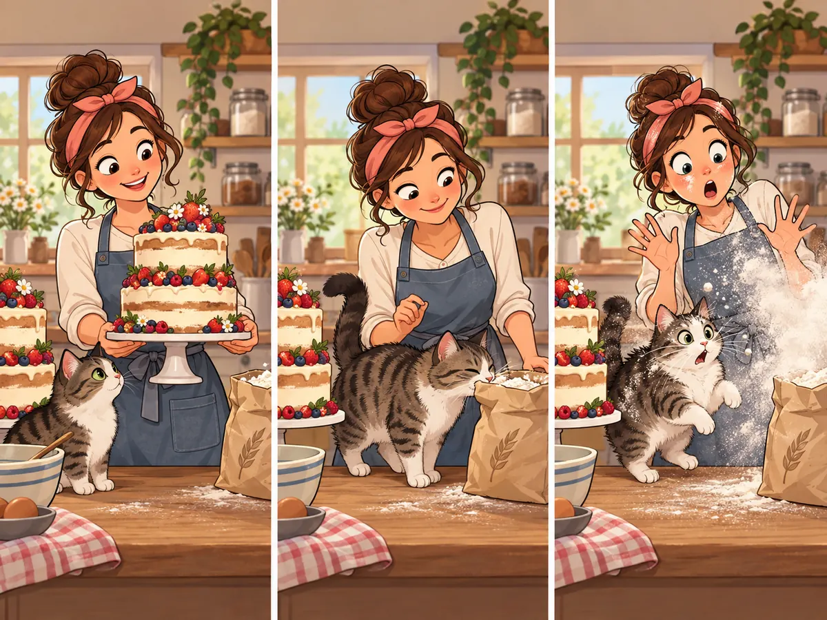 Bäcker und Katze reagieren auf eine Mehlwolke neben einer Torte