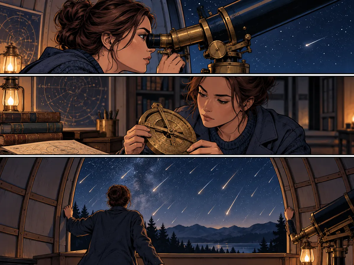 A comic page study showing an observatory discovery in three beats