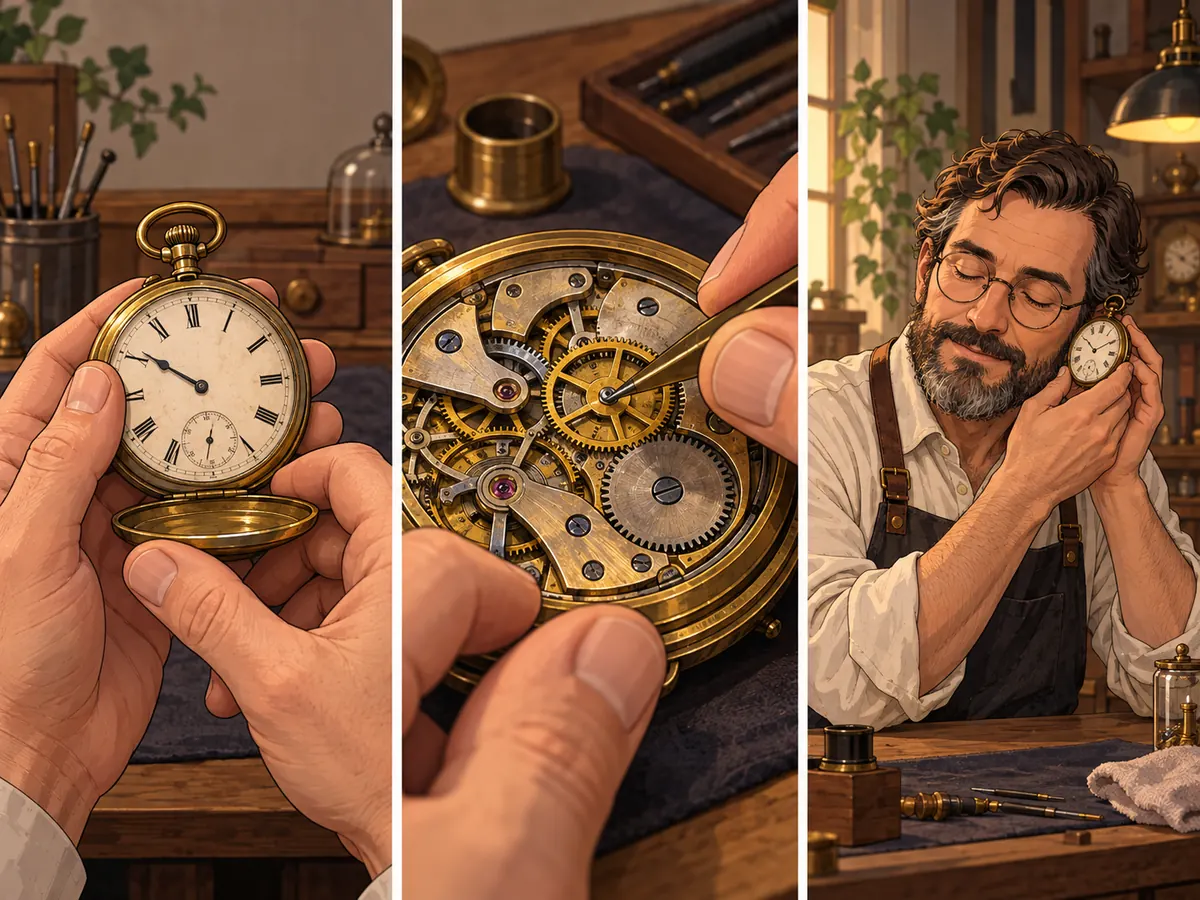 Un relojero ajusta un engranaje y escucha el reloj