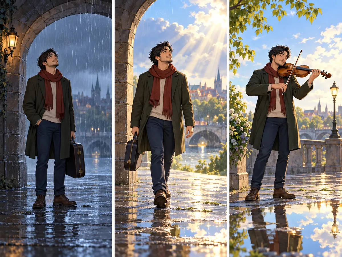 Violinist steps from an arch into sunlight and plays