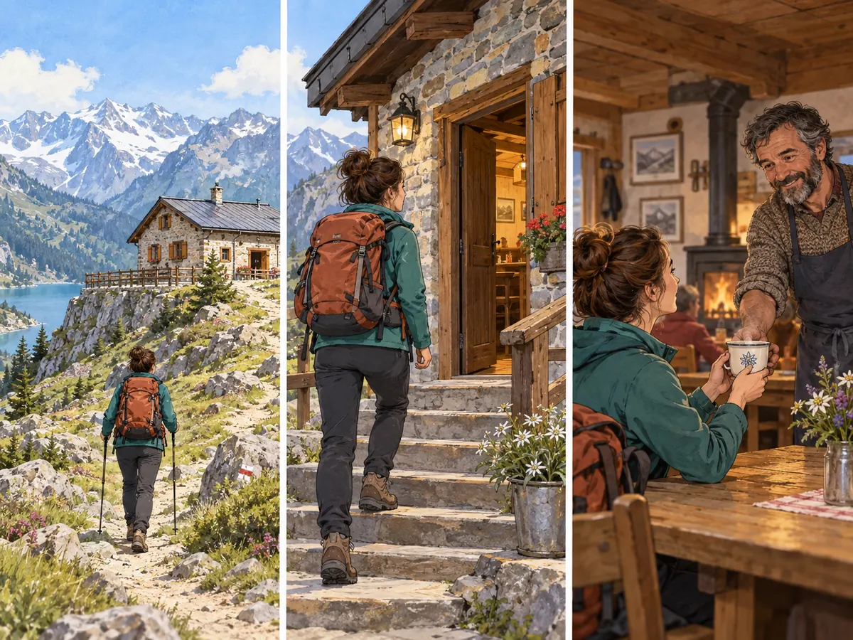 Una excursionista llega a un refugio y recibe una bebida caliente
