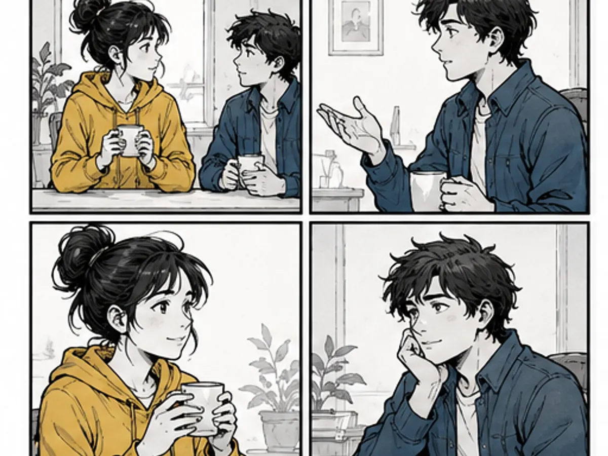 Four-panel conversation arranged in a clear grid