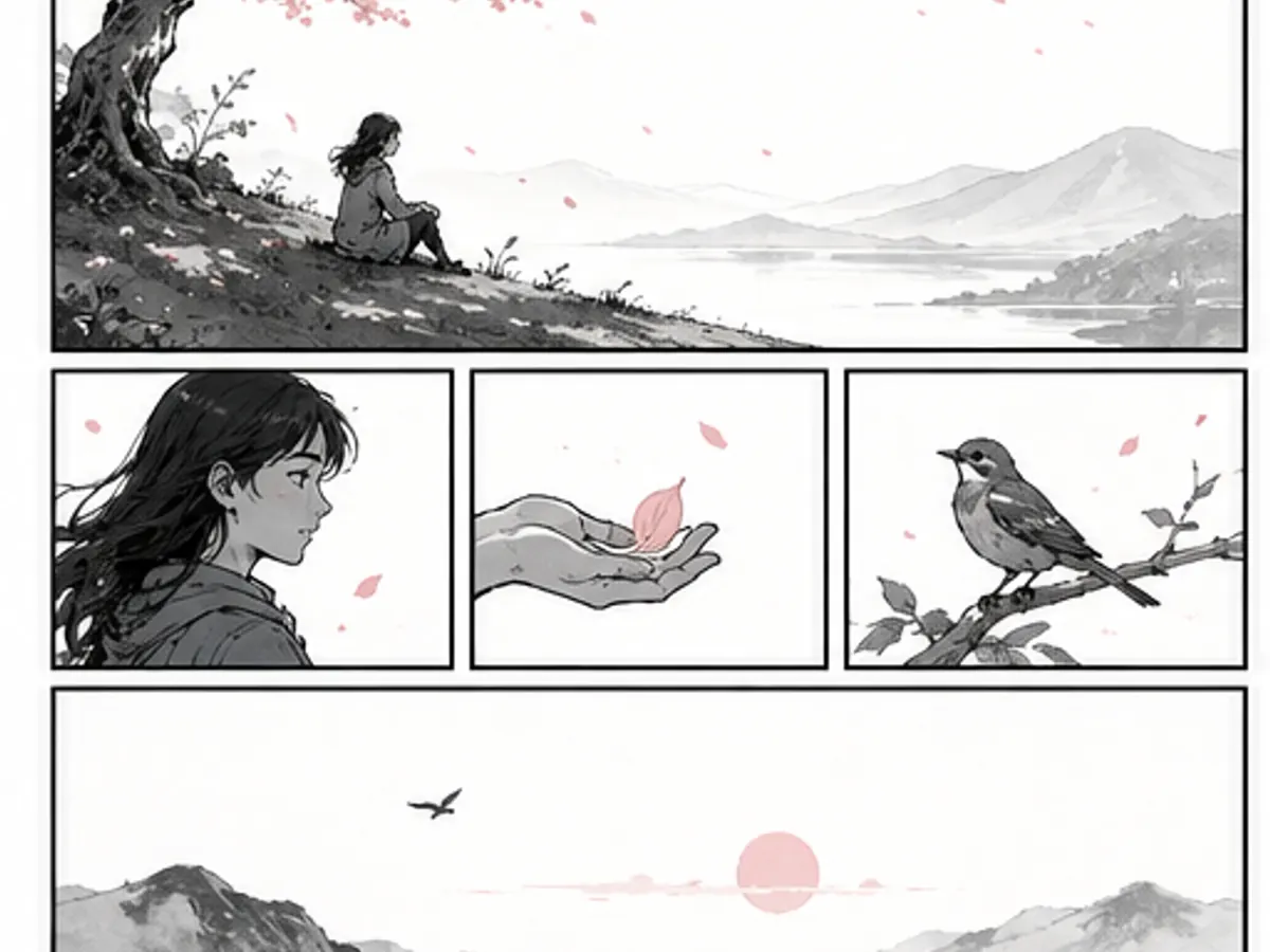 Open manga page with a quiet landscape and small detail panels