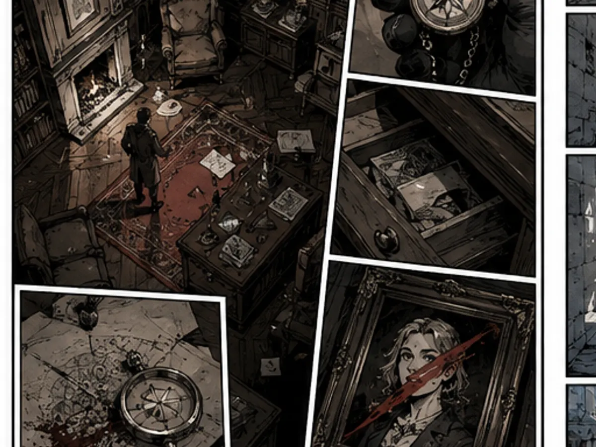 Mystery comic layout with inset clue panels