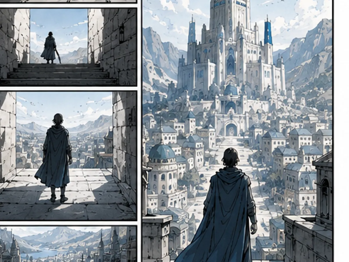 Vertical sequential layout leading toward a distant tower