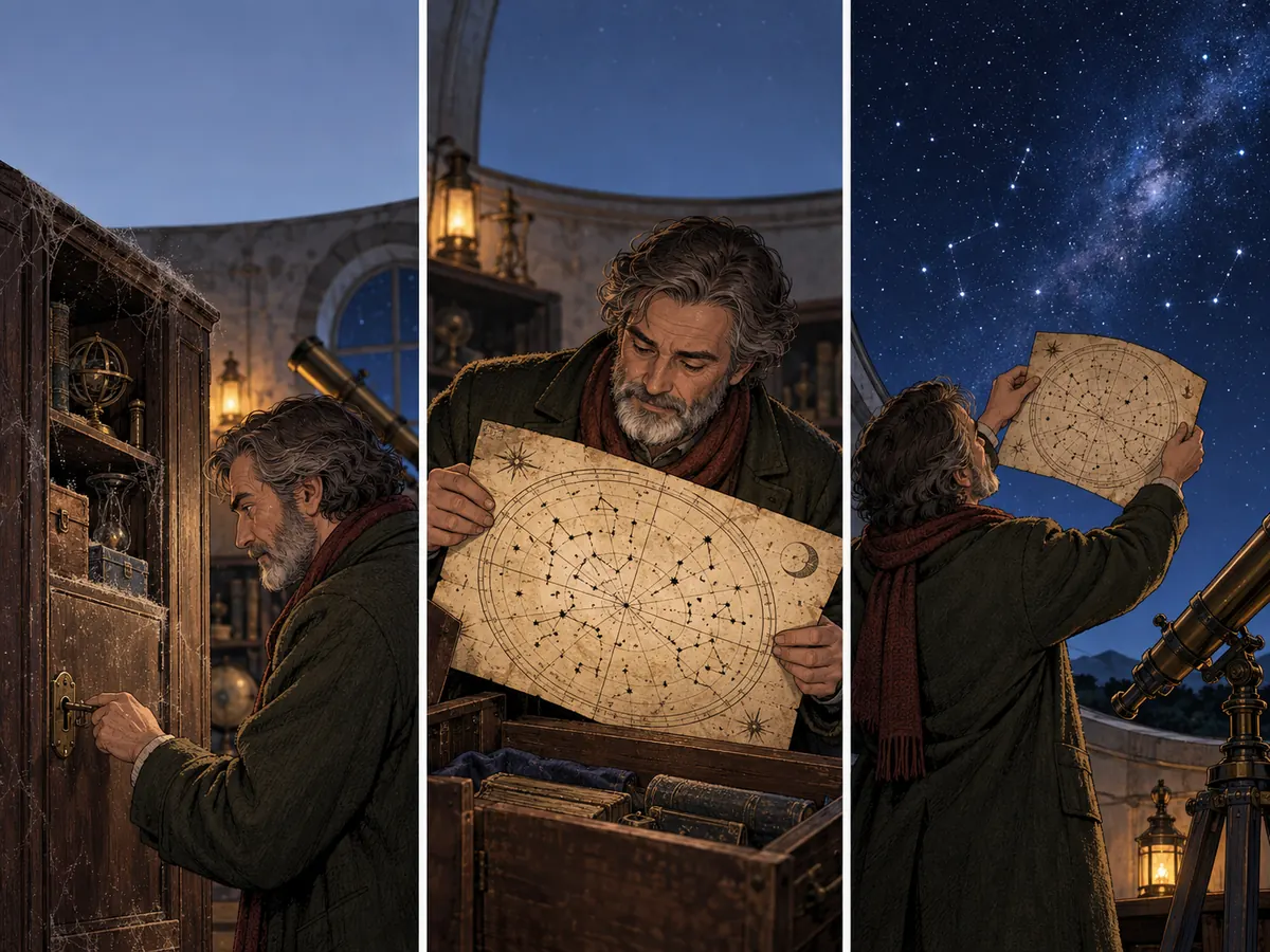 A novelist's scene: an observatory keeper unlocks a dust-covered cabinet, finds a hand-made star chart, and aligns it with the night sky.